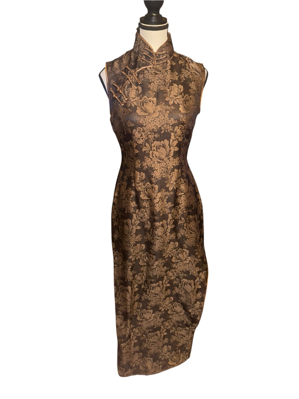 Old Shanghai Silk Cheongsam Dress S Chinese Qipao Brocade Floral Mandarin Collar